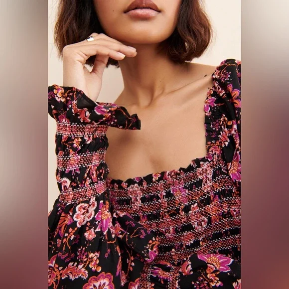 Women’s FREE PEOPLE Sweet Escape Smocked Maxi Dress Medium NWT! Black Floral - Picture 5 of 11